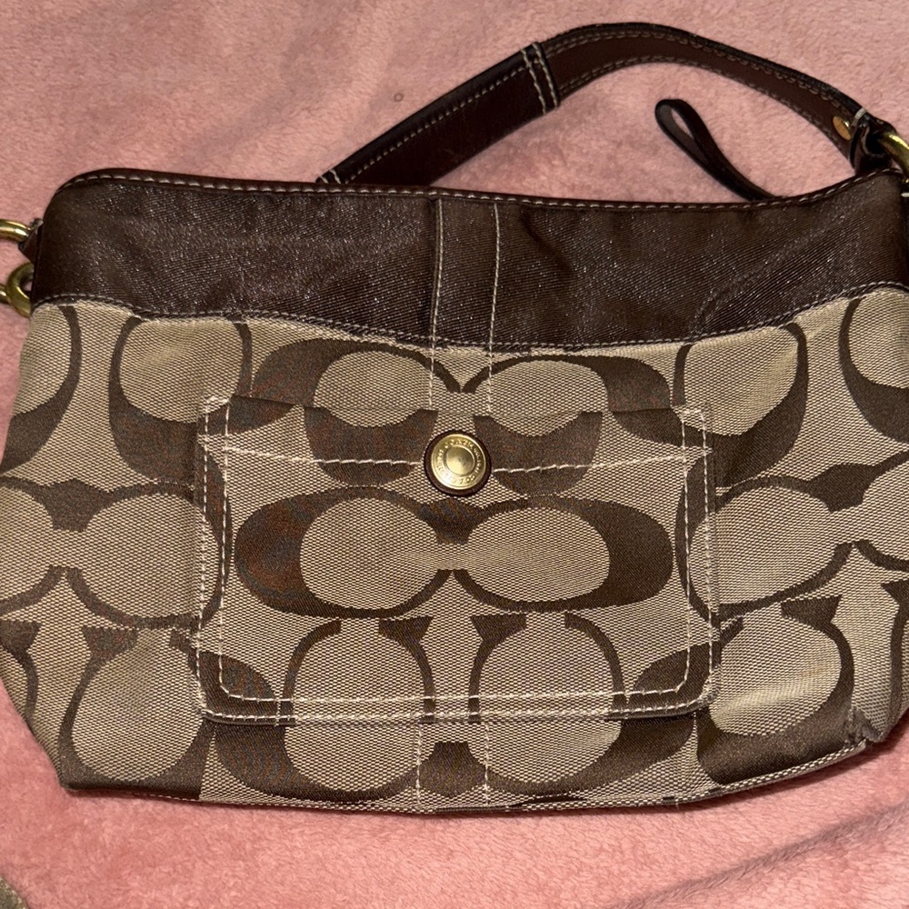 Coach Signature Brown and Tan Wristlet